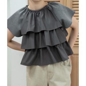 ブラウス シャツ 半袖 mixed material tiered ruffle tops / ミクストマテリアルティアードラッフルトップス レディース