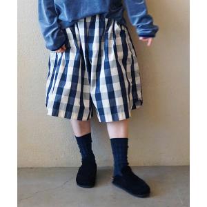 ワイドパンツ ハーフパンツ パンツ 短パン タフタチェックギャザーハーフパンツ レディース