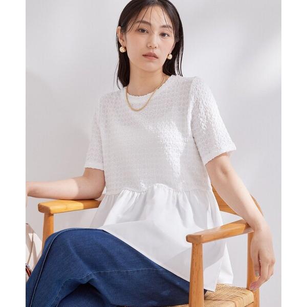 tシャツ 半袖 ジャカードドッキング ペプラムカットソー「洗濯機OK」 レディース