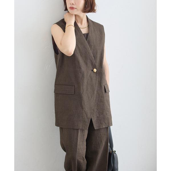 ベスト ジレ FABRICAリネンストライプベスト レディース
