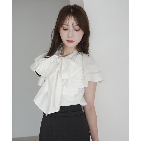 ブラウス シャツ 半袖 E.M RIBBON CAPE BLOUSE レディース