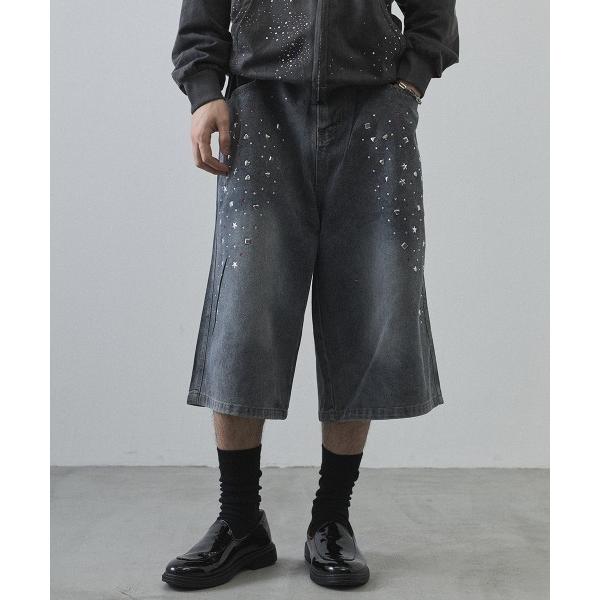 ワイドパンツ ハーフパンツ ジーンズ 短パン Rhinestone Baggy Denim Shor...