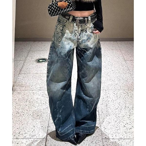 ワイドパンツ ジーンズ デニム デニムパンツ ハトメデザインヴィンテージウォッシュワイドデニムパンツ...