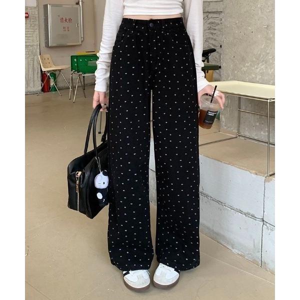 ワイドパンツ ジーンズ デニム デニムパンツ 小花柄デニムワイドパンツ レディース