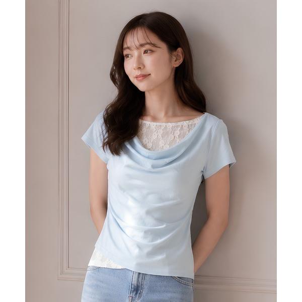 tシャツ 半袖 レース切替ドレープネック半袖カットソー レディース