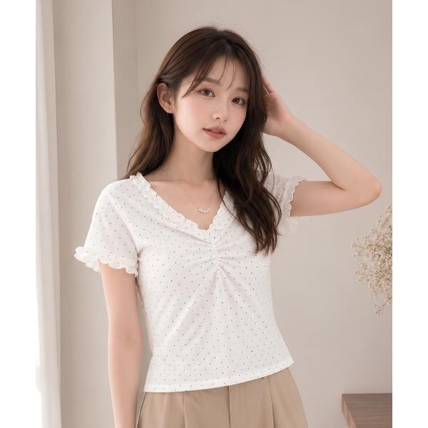 tシャツ 半袖 ドット柄フリルネックギャザー半袖カットソー レディース