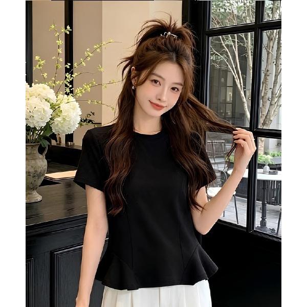 tシャツ 半袖 ペプラムクルーネックフレアトップス レディース