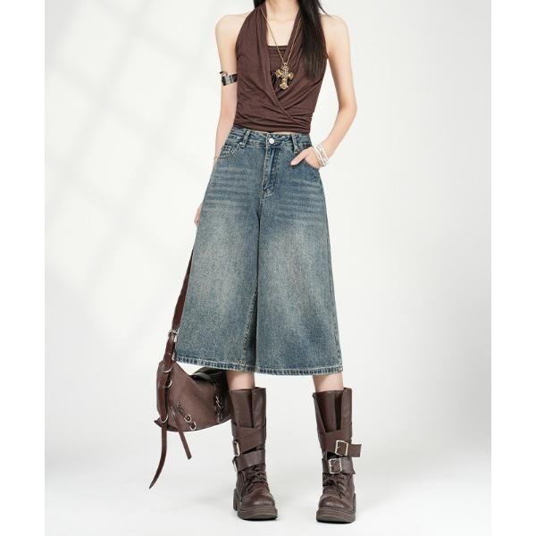 ワイドパンツ ジーンズ デニム デニムパンツ ヴィンテージブルー クロップド デニムパンツ レディー...