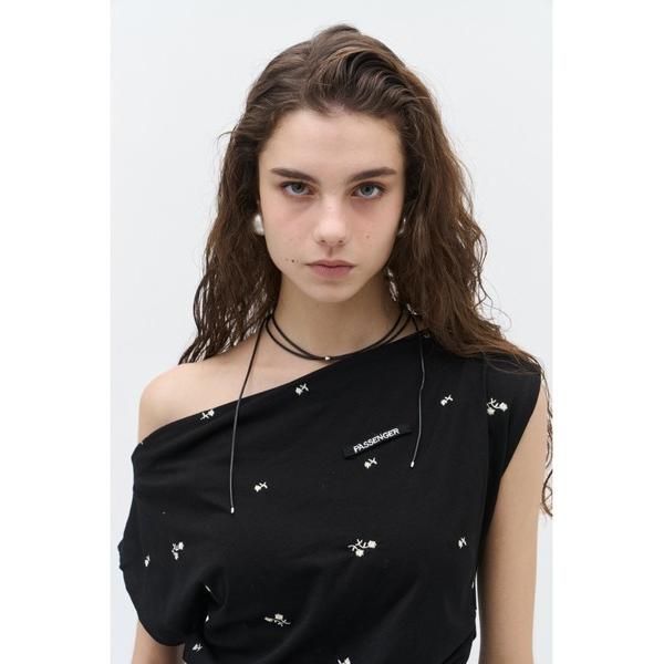tシャツ 半袖 「接触冷感」ミュートフラワー刺繍ドレープトップス レディース