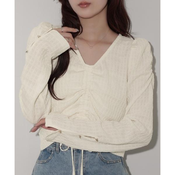 tシャツ シャーリングジャガード袖ボタンVネックカットソー レディース