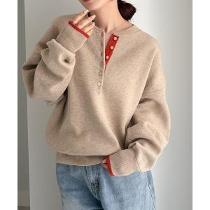 ニット セーター 配色ヘンリーネックスウェットライクニット レディース
