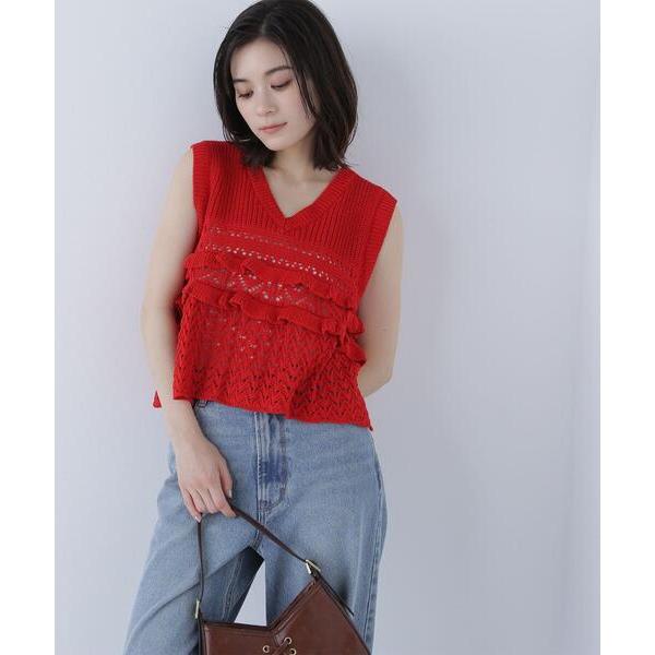 「NATURAL BEAUTY BASIC」 ノースリーブニット FREE レッド レディース