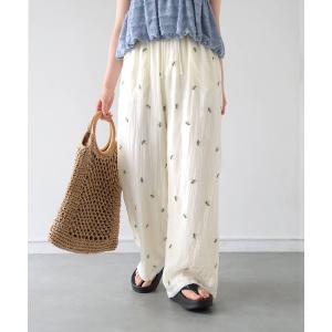 ワイドパンツ パンツ シアー小花刺繍イージーパンツ レディース