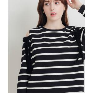 tシャツ オープンショルダーリボンボーダーカットソー レディース