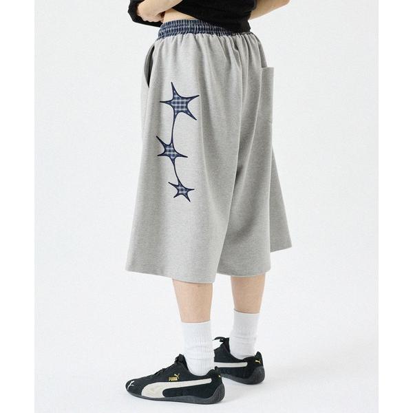 ワイドパンツ スウェットパンツ ジャージ 星柄パッチ フェイクレイヤードパッチスウェットハーフパンツ...