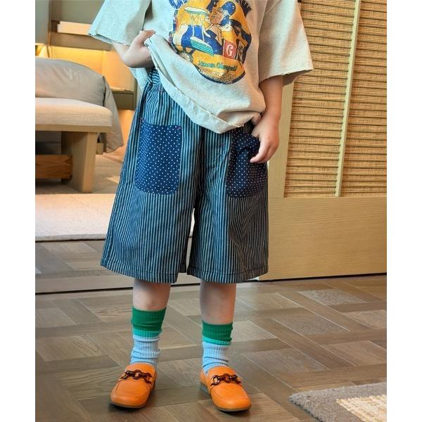 ハーフパンツ パンツ 短パン ストライプ×ドット柄ハーフパンツ キッズ 子供服 男の子 女の子
