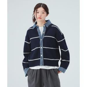 カーディガン デニムレイヤード風 ニットカーディガン レディース