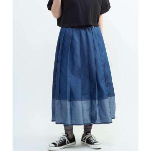 ロング スカート デニムスカート / ウエストゴム / プリーツスカート / ウォッシュ加工 / LIGHT DENIM PLEATED SKIRT