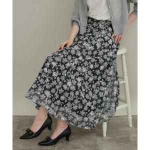 ロング スカート 夏 上品な透け感 オパールチェック花柄スカート「洗濯機可」