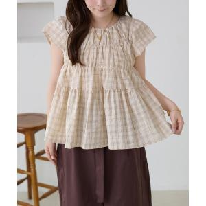ブラウス シャツ 半袖 「apres jour clair」チェックシャーリングトップス レディース