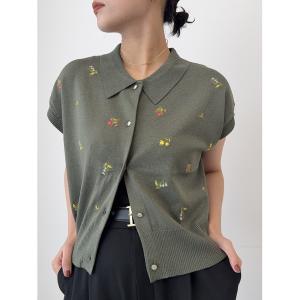 ニット セーター フラワー刺繍ポロカラーニット レディース