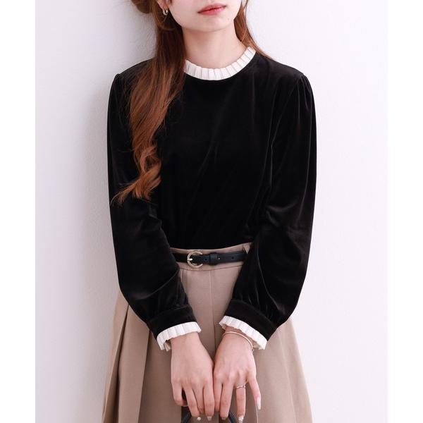 tシャツ フリルネックベロア長袖プルオーバー レディース