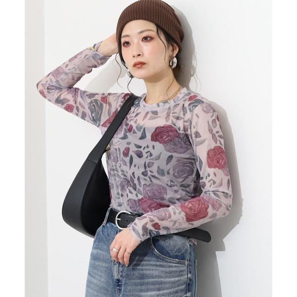 tシャツ ローズ総柄チュールレースプルオーバー レディース