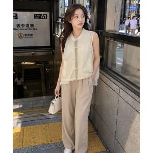 ブラウス シャツ 「KONVINI select」シアーチュールドッキングチャイナデザインノースリーブブラウス レディース