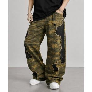 ジーンズ 「Bls」「ZM」「Bling Leads」ダメージ加工切替刺繍入バレルレッグデニムパンツ(BL) メンズ レディース