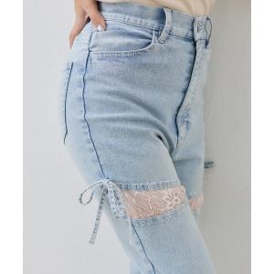 ジーンズ デニム デニムパンツ 「SMサイズ展開」レースビジューフレアデニム レディース