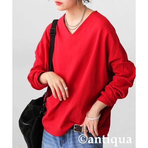 「antiqua」 長袖カットソー V レッド レディース