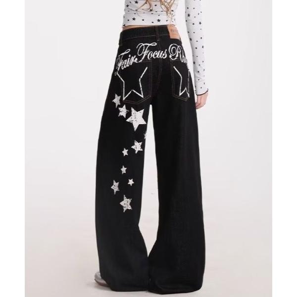ワイドパンツ ジーンズ デニム デニムパンツ スターモチーフバックプリントワイドデニム レディース