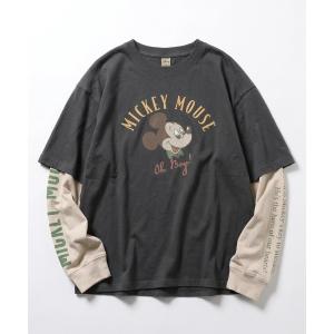 tシャツ 2026AW Disney/ディズニー オーバーサイズ ミッキー フロント/バック/袖プリント フェイクレイヤード長袖Tシャツ ロンT レディース メンズ