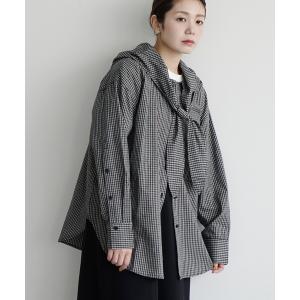ブラウス シャツ スカーフ付 チェック フーディーBIGシャツ レディース