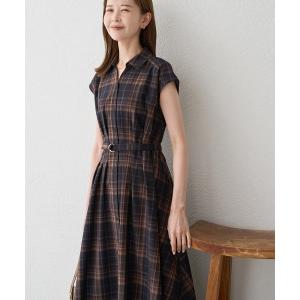 パーティードレス ワンピース 半袖 ウエストタックチェックアソートワンピース/接触冷感・防シワ・リンクコーデ