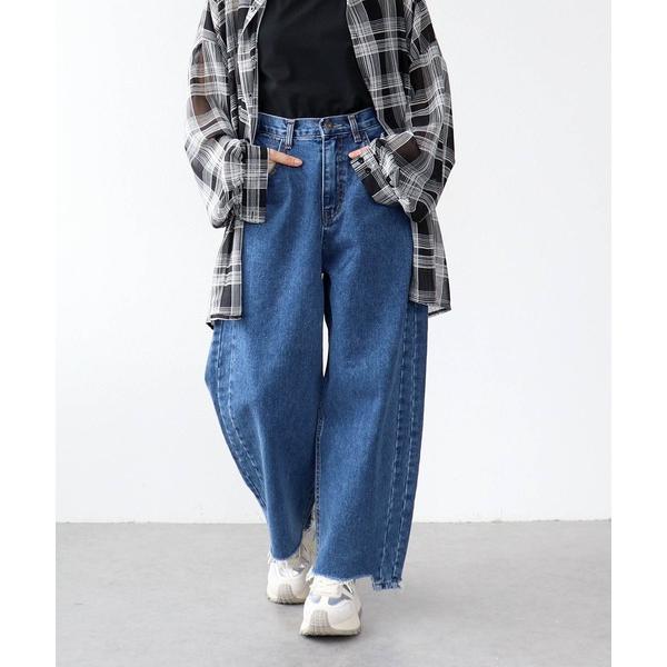 ワイドパンツ ジーンズ デニム デニムパンツ アシメカットオフデニムパンツ レディース