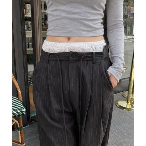 ワイドパンツ スラックス パンツ 「ラインストーン/ストライプ/チェック/無地」レイヤードスラックスイージーパンツ レディース