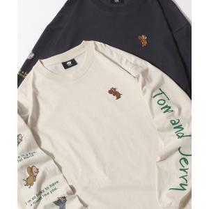 tシャツ Tom＆Jerry/トムとジェリー オーバーサイズ ヴィンテージライク ワンポイント刺繍 袖プリント ロンT 長袖Tシャツ レディース メンズ