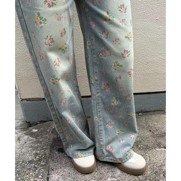 ワイドパンツ ジーンズ デニム デニムパンツ flower print wide leg denim...