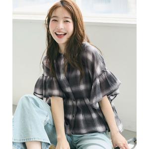 ブラウス シャツ 夏 半袖 シアーチェックペプラムブラウス レディース