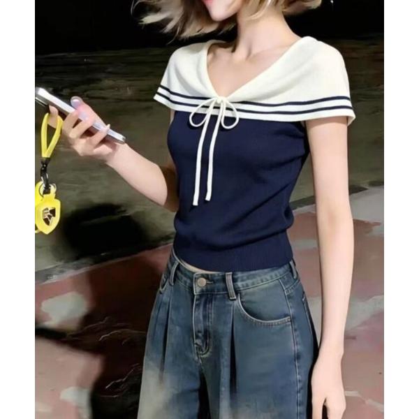 セーラーカラーリボンリブニットトップス レディース