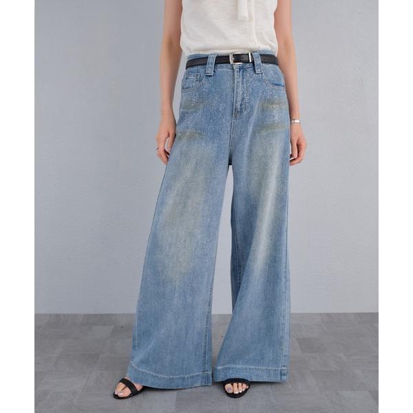 ワイドパンツ ジーンズ デニム デニムパンツ フロントラメヴィンテージ加工ワイドデニムパンツ レディ...
