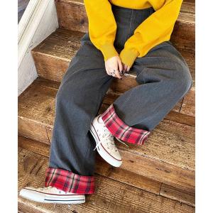 ワイドパンツ パンツ ヘリンボーンツイル×チェック タックワイドパンツ レディース メンズ