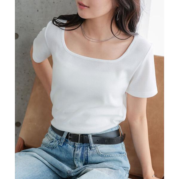 tシャツ 半袖 スクエアネックリブカットソー レディース