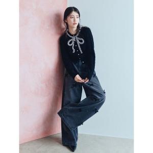ワイドパンツ パンツ リボンビジューワイドパンツ レディース
