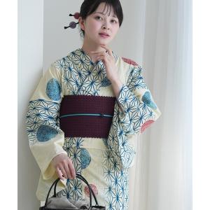 浴衣 浴衣3点セット 綿麻 先染めベージュ 紺色の麻の葉と鞠 レディース