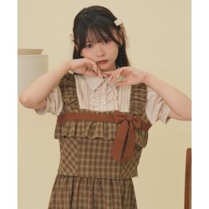 ブラウス シャツ 半袖 「クティールとレトロ」チェックドッキングリボンブラウス レディース