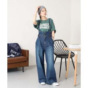 ワイドパンツ ジーンズ デニム デニムパンツ デニムハイウェストサスペンダーワイドパンツ レディース