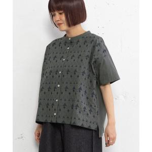 ブラウス シャツ 夏 半袖 幾何ボーダー刺繍半袖シャツ レディース