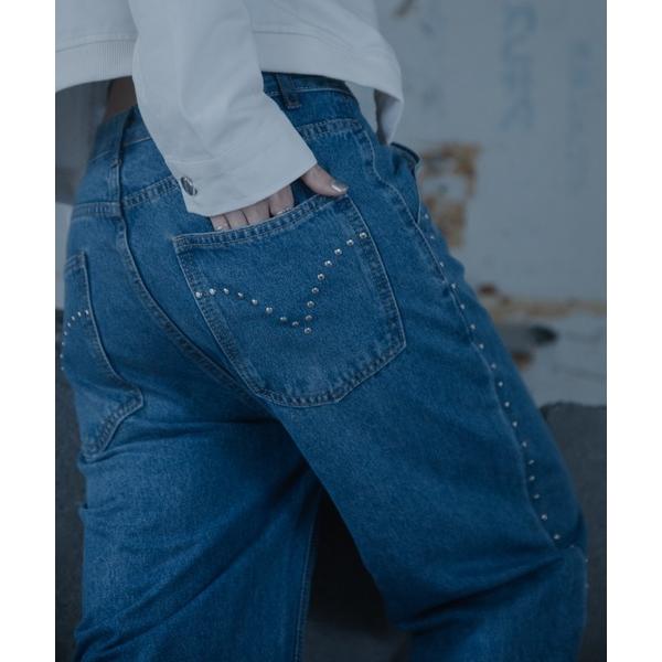 ワイドパンツ ジーンズ デニム デニムパンツ スタッズラインストレートデニムパンツ レディース メン...